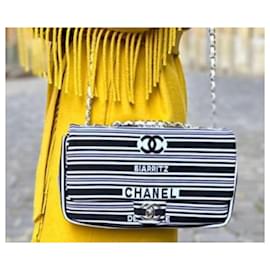 Chanel-Chanel 2019 venise biarittz black and white canvas medium flap bag Shoulder Bag-Black,White,Silver hardware