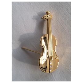 Autre Marque-Alfinete violino dourado com strass como novo-Dourado,Gold hardware