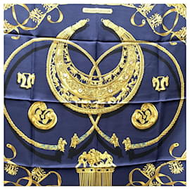 Hermès-Hermes Vintage Blue Silk Scarf Les Cavaliers D'Or 1975 Rybaltchenko-Blue