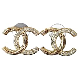 Chanel-CC B21V GHW Pendientes grandes con logotipo de cristal con recibo de caja-Dorado