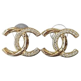 Chanel-CC B21V GHW Brincos grandes com logotipo de cristal com nota fiscal-Dourado