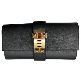 Pochette Hermès Médor noir cuir Noir