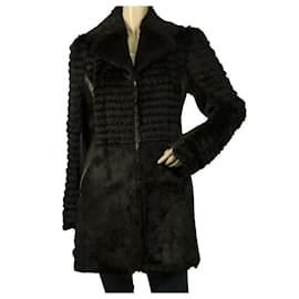Thes & Thes-Thes & Thes Black Fur & Leather Long Sleeve Zipper Front Jacket Coat-Black