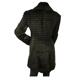 Thes & Thes-Thes & Thes Mantel aus schwarzem Pelz und Leder mit langen Ärmeln und Reißverschluss vorne-Schwarz