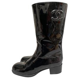 Chanel Boots Black Patent Leather Black