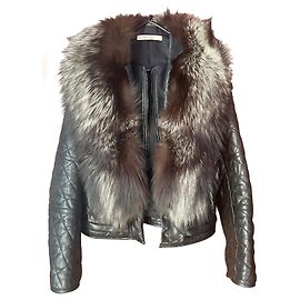 Jaqueta Givenchy de couro acolchoado preta com gola de raposa prateada Preto