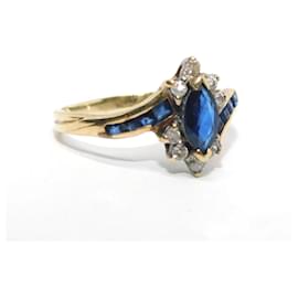 Autre Marque-Bague navette saphir diamants sur or jaune-Bleu,Doré,Bleu Marine