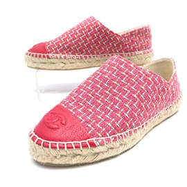 Chanel-NEW CHANEL LOGO CC ESPADRILLES SHOES 36 g32742 PINK LEATHER TWEED SHOE-Pink