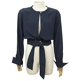 Chanel-BLOUSE CHANEL NOUEE TAILLE S 36 BLEU MARINE SOIE NAVY BLUE SILK TOP-Bleu Marine