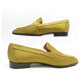 Hermès-NINE HERMES LUCKY MOCCASIN SHOES 36 CURRY YELLOW SILK + LOAFERS BOX-Yellow