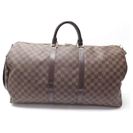 Louis Vuitton-LOUIS VUITTON KEEPALL HAND TRAVEL BAG 55 CHECKED EBONY BAG BANDOULIERE-Brown