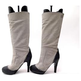 Chanel-NEW CHANEL SHOES BOOTS LOGO CC WITH HEELS 37 GRAY SUEDE SUEDE BOOTS-Grey