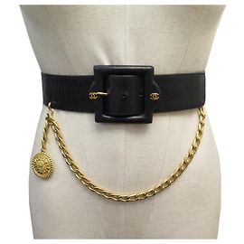 VINTAGE CHANEL LARGE LOGO MEDALLION CHAIN BELT IN BLACK LEATHER 70 LEATHER BELT Black