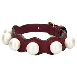 Fendi-Fendi Red Leather Pearl Bracelet-Red,Other