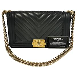 Chanel-Chanel Boy Medium Black Chevron Lambskin Gold-Black