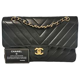 Chanel-Chanel Classic Double Flap Chevron Black Lambskin Gold-Black