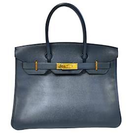 Hermès-HERMES BIRKIN 30 Bleu Indigo Courchevel Or-Bleu