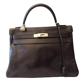 Hermès-HERMES BAG KELLY 32 EBONY Grained calf leather-Brown,Gold hardware