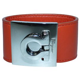 Salvatore Ferragamo Orange Leather Wide Gancio Bracelet Orange