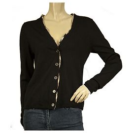 Burberry Brit Black Check Trim Merino Wool Button Front Cardigan Top size L Black