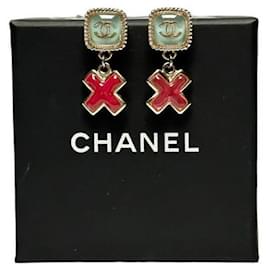 Chanel-Chanel 17S, 2017 Spring Summer Teal and Red poured glass drop earrings with gold tone metal-Pink,Red,Green,Gold hardware