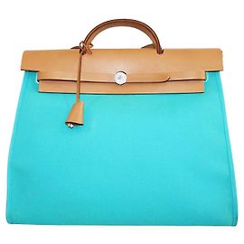 Hermès Herbag Lona Azul y Marrón Zip MM Azul