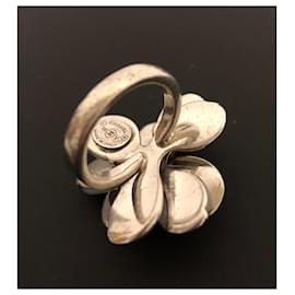 Chanel-Chanel 08, 2008 Mother Of Pearl Sterling Silver Large Camellia Flower cocktail Ring-Silver hardware