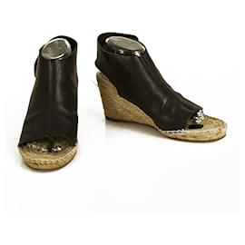 Céline-Celine Black Leather Espadrille Wedges Heels Sandals Shoes size 39-Black