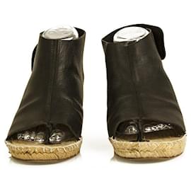 Céline-Celine Black Leather Espadrille Wedges Heels Sandals Shoes size 39-Black