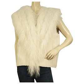 Helmut Lang White Shearling Lamm Fransen Gillet Weste ärmellose Jacke M / L Weiß