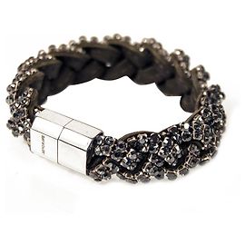 Pulseira trançada de couro cinza com cristais Swarovski prata azul Azul