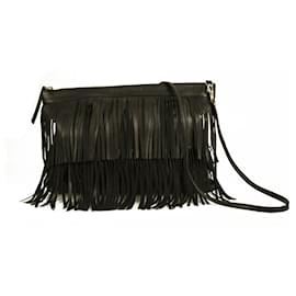 Autre Marque-Stella Rittwagen Black Leather Boho Hippie Shoulder Bag with Fringes Handbag-Black