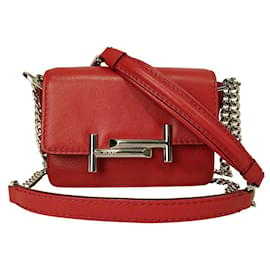 Tod's-Tod's bolsa tiracolo T forrada em couro vermelho com corrente-Vermelho