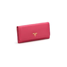 Prada-Portefeuille long Prada Vitello Diano Portefeuille long en cuir en excellent état-Rose