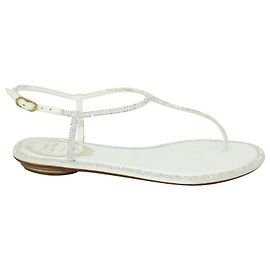 Rene Caovilla Sandália branca rasa com strass Branco