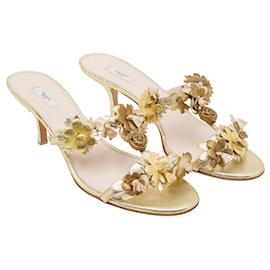 Prada-Golden Roses T Bar Sandals-Golden,Metallic