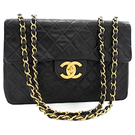Chanel-CHANEL Classic Large 13" Flap Chain Shoulder Bag Schwarzes Lammleder-Schwarz