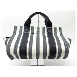 Hermès-NEW HERMES CANNES MM CABAS HANDBAG IN BLACK AND WHITE COTTON NEW HAND BAG-Other