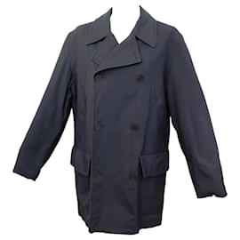 Louis Vuitton Pea coat Men Sz 52 Wool Leather Navy Blue Jacket