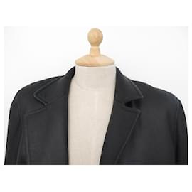 Hermès-MANTEAU HERMES LONG DOUBLE EN CUIR D'AGNEAU NOIRBLACK LEATHER COAT JACKET-Noir