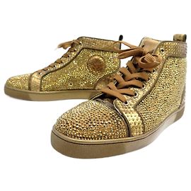 NEUF CHAUSSURES CHRISTIAN LOUBOUTIN LOUIS STRASS 42.5 BASKETS PYTHON SHOES Doré
