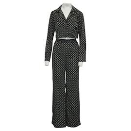 Michael Kors-Black pant suit set, metal embellishment on white flower pattern, long sleeves & pants-Black