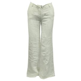 Michael Kors Ivory with blue stripe, Linen, wide leg long pants White Cream