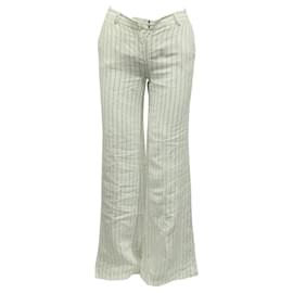 Michael Kors-Ivory with blue stripe, Linen, wide leg long pants-White,Cream