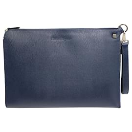 Salvatore Ferragamo-Navy Blue Pebble Calf Leather Large Portfolio-Blue,Navy blue