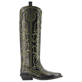 Botas Vaqueras - Ganni - Negro/Amarillo - Cuero Negro