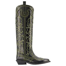 Botas Vaqueras - Ganni - Negro/Amarillo - Cuero Negro