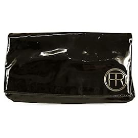 Autre Marque-Felix Rey schwarzes Lackleder FR Logo Fold Over Clutch Bag Handtasche-Schwarz