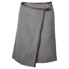 Dkny-Grey Wool / Cashmere Wrap Around Skirt with Leather Trim-Grey