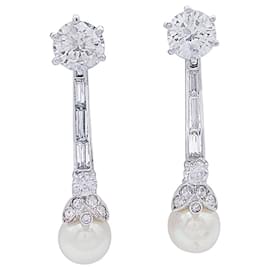 inconnue-Platinum drop earrings, pearls and diamonds.-Other